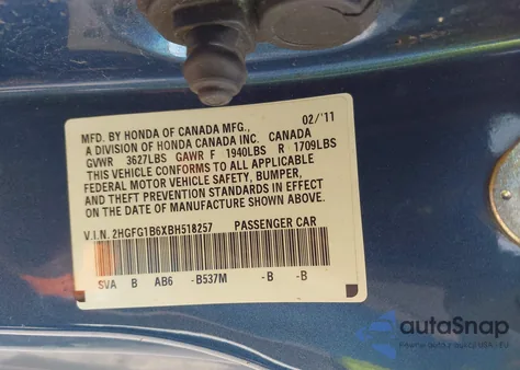 2011 Honda Civic Lx из США, поврежденный, VIN 2HGFG1B6XBH518257